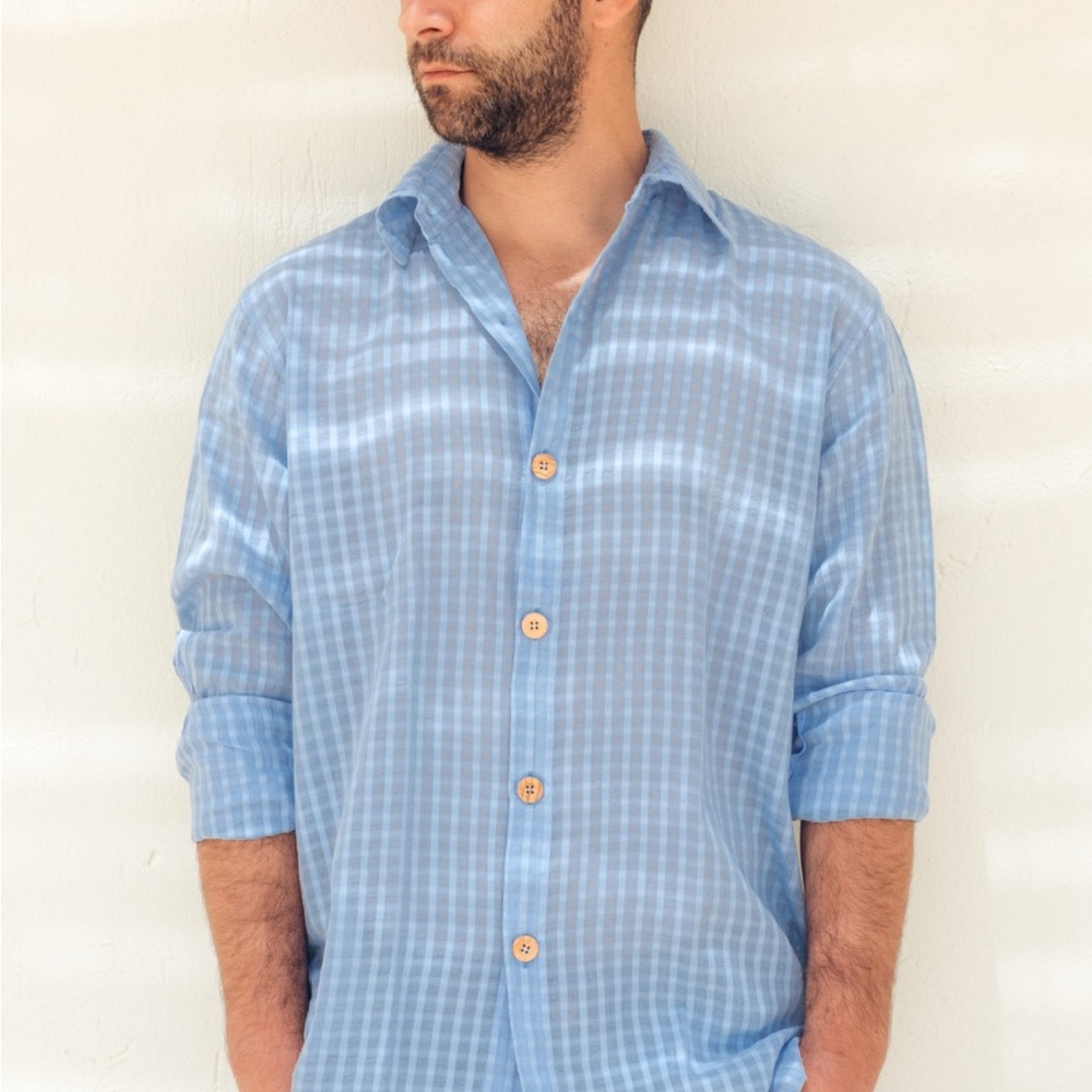 B.Loose Cameo Greek Casual Blue Checkered Cotton Button-Down Shirt